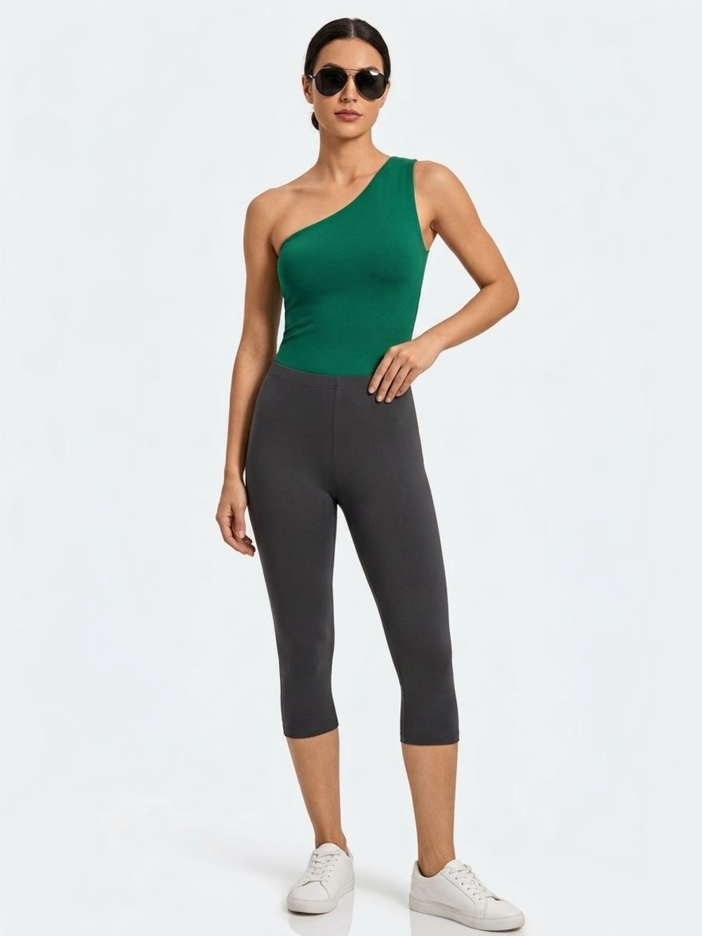 Boston Proper Emerald One-Shoulder Bodysuit with Charcoal Capri Leggings